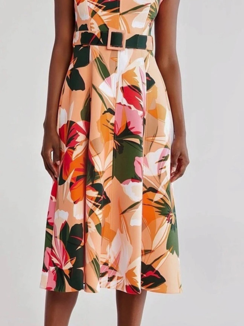 Calvin Klein Tropical Floral V-Neck Belt Midi Dress Orange & Black Size 10